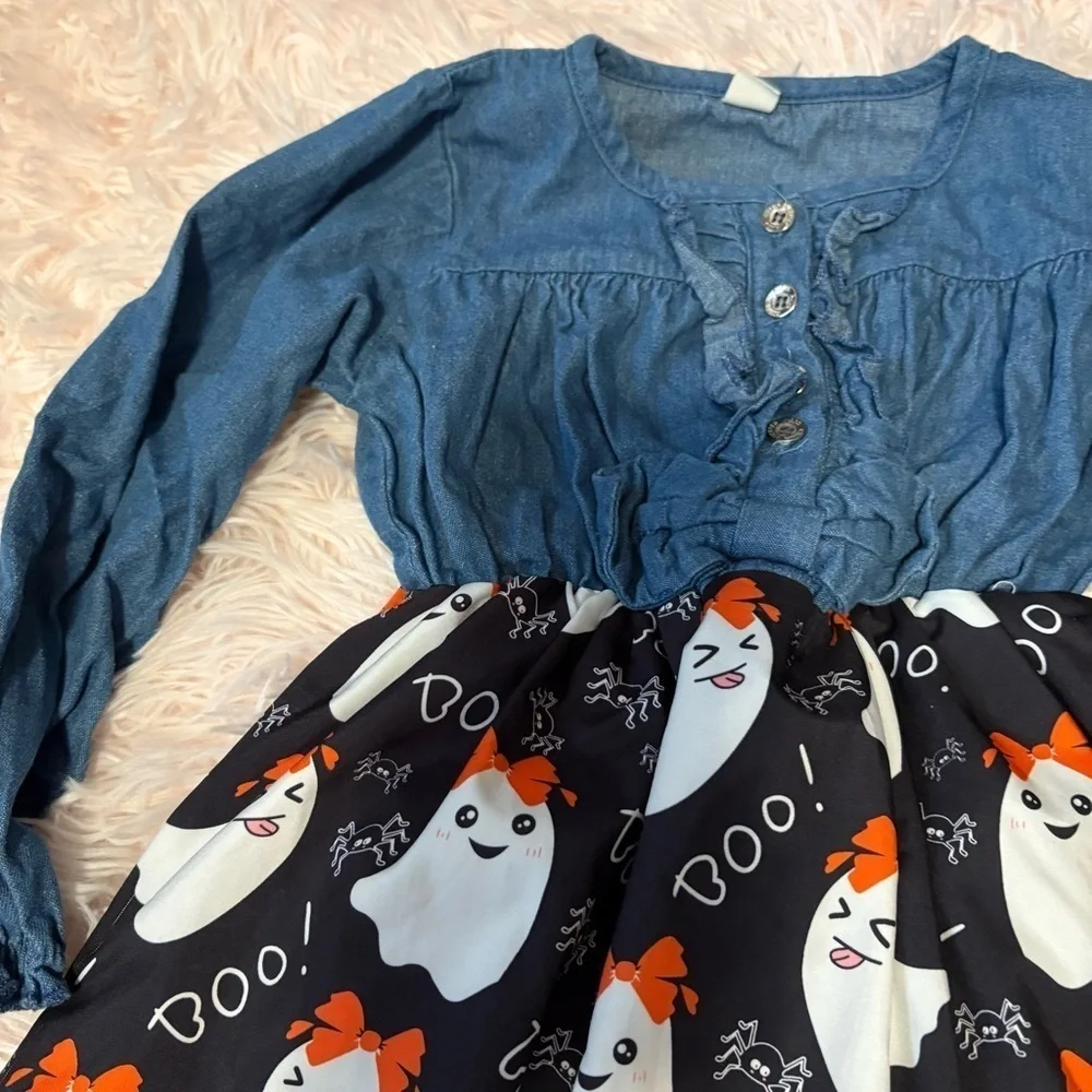 Ghost Denim Dress Halloween Girly Blue Black Long Sleeve Sz 140